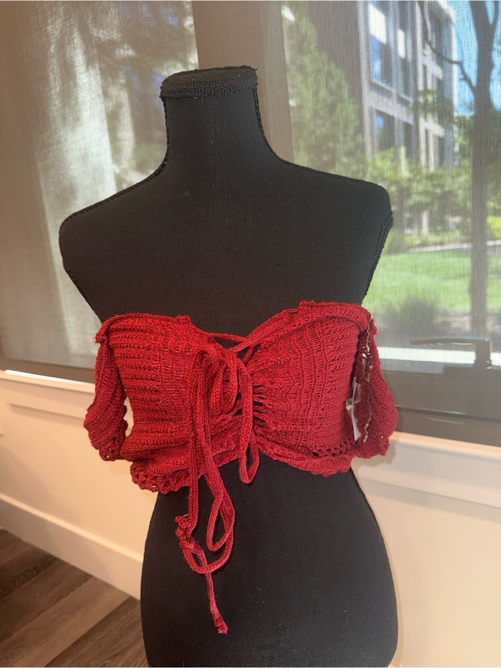 Charlotte Russe Red Crocheted Off-Shoulder Tie-Front Crop Top